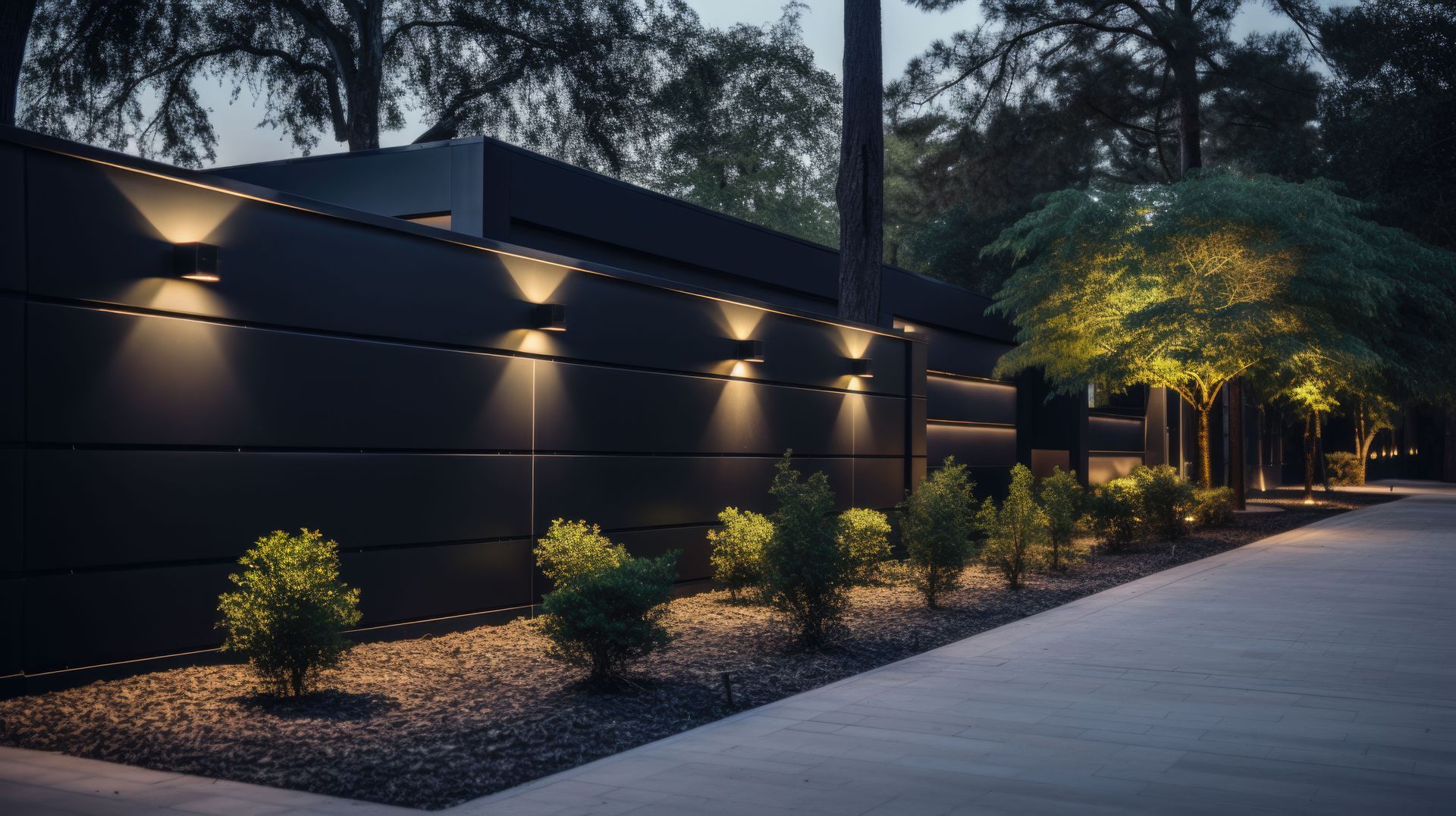 Des lumières sur un mur noir.