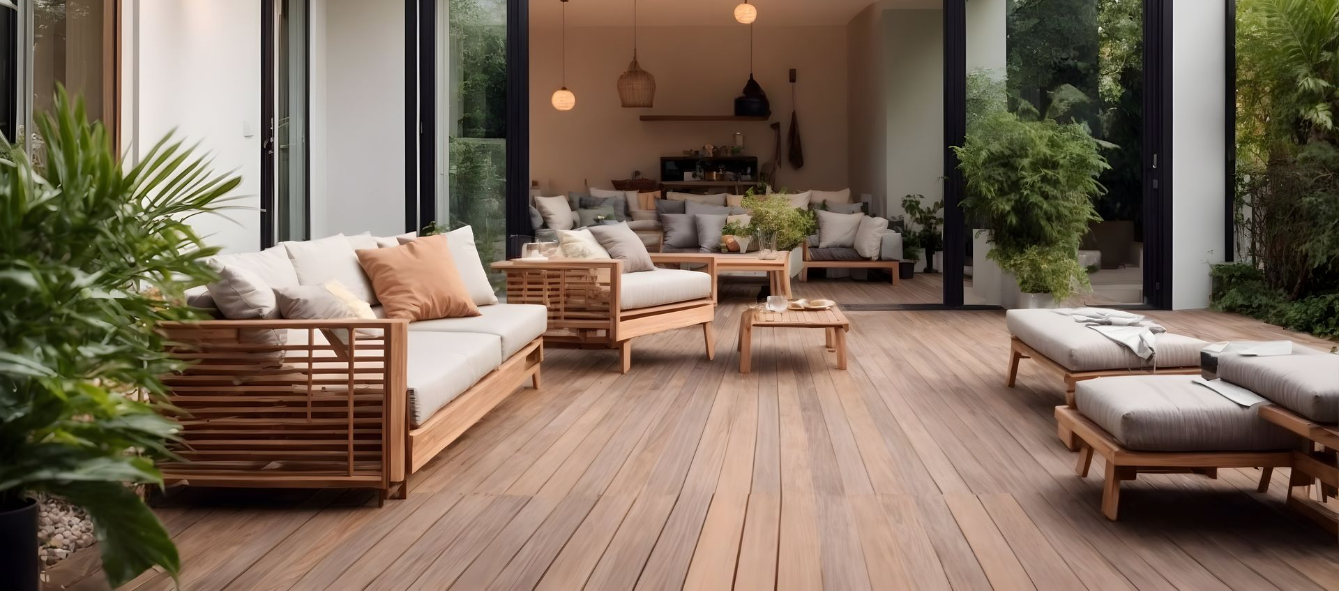 Une terrasse en bois avec du mobilier de jardin.