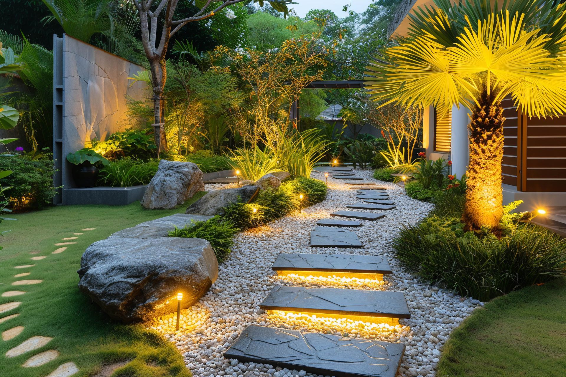 Une allée de jardin éclairée.