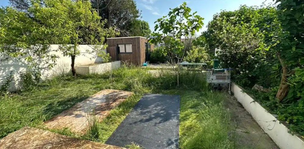 Un jardin à l'abandon avec un cabanon en bois.