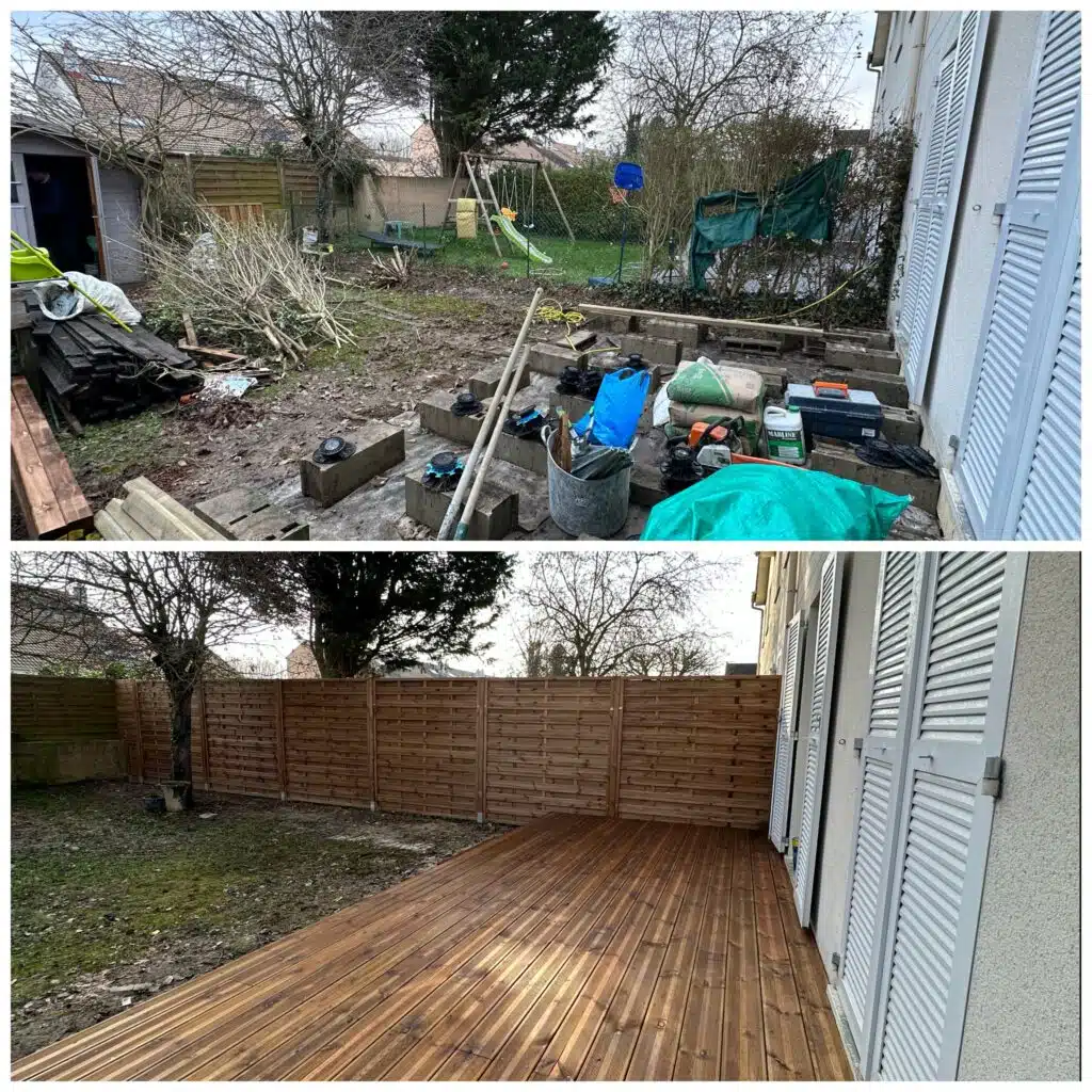 Un terrain laissé à l'abandon et une terrasse en bois.