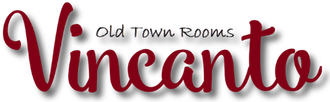 Logo for "Vincanto Old Town Rooms" in a burgundy script font with a slight shadow.