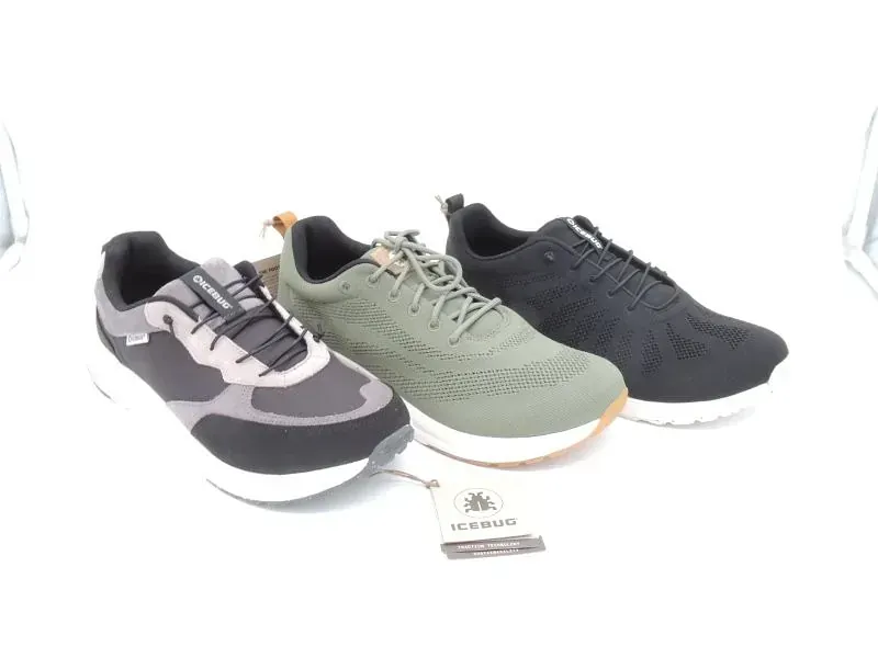 Drei nebeneinander abgebildete Sneaker: grau, salbeigrün und schwarz auf weißem Hintergrund