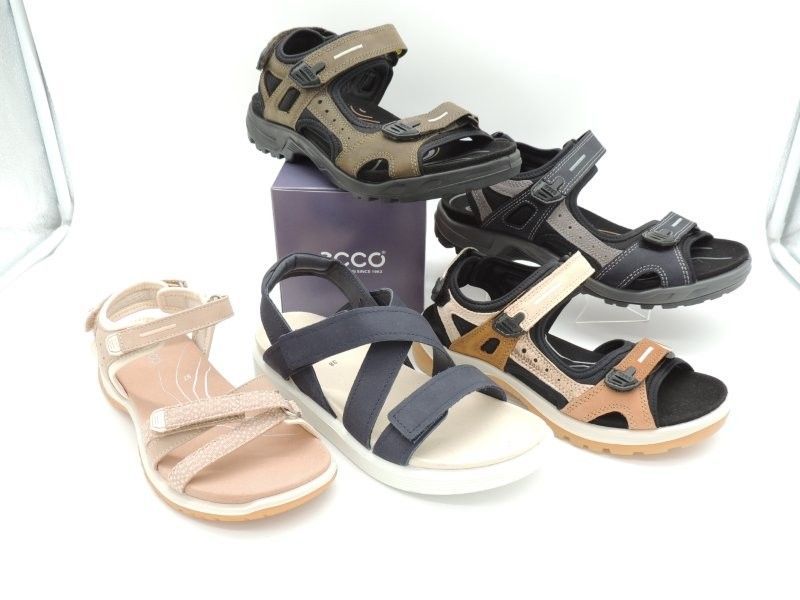Verschiedene Damensandalen in Schwarz, Hellbraun und Beige auf weißem Hintergrund.