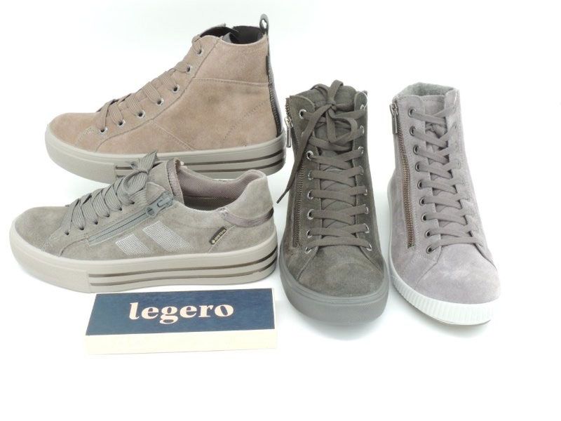 Vier beige und graue Legero-Sneaker auf weißem Hintergrund