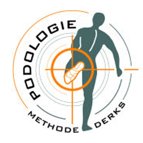 Logo der Podologie-Methode Derks mit einer grünen Fußsilhouette und orangefarbenen, zielscheibenartigen Kreisen
