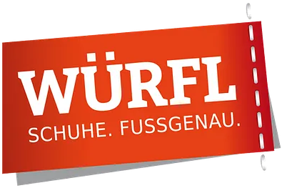 Rotes Würfl-Schuhlogo mit weißem Text und Slogan „SCHUHE. FUSSGENAU.“