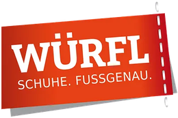 Rotes Würfl-Schuhlogo mit weißem Text und Slogan „SCHUHE. FUSSGENAU.“