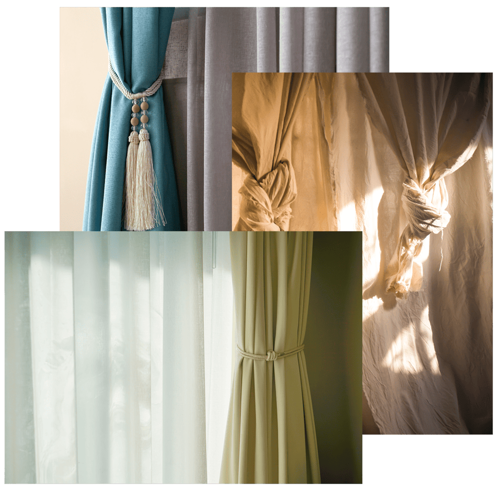 Hay muchos tipos diferentes de cortinas en este collage.