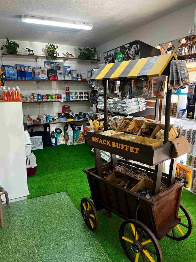 Interior de una pequeña tienda con estantes llenos de aperitivos y un carrito de madera con un toldo de rayas amarillas.