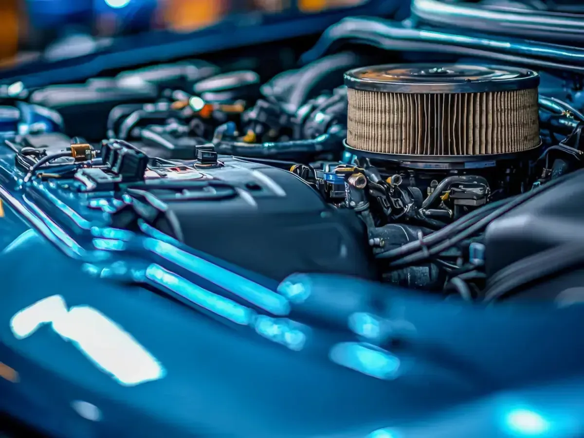 Compartimento del motor de un coche azul con filtro de aire y batería.