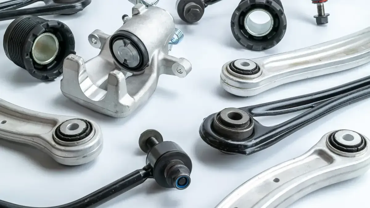 Piezas de suspensión y freno de automóvil sobre una superficie blanca, incluidos brazos, pinza y bujes.