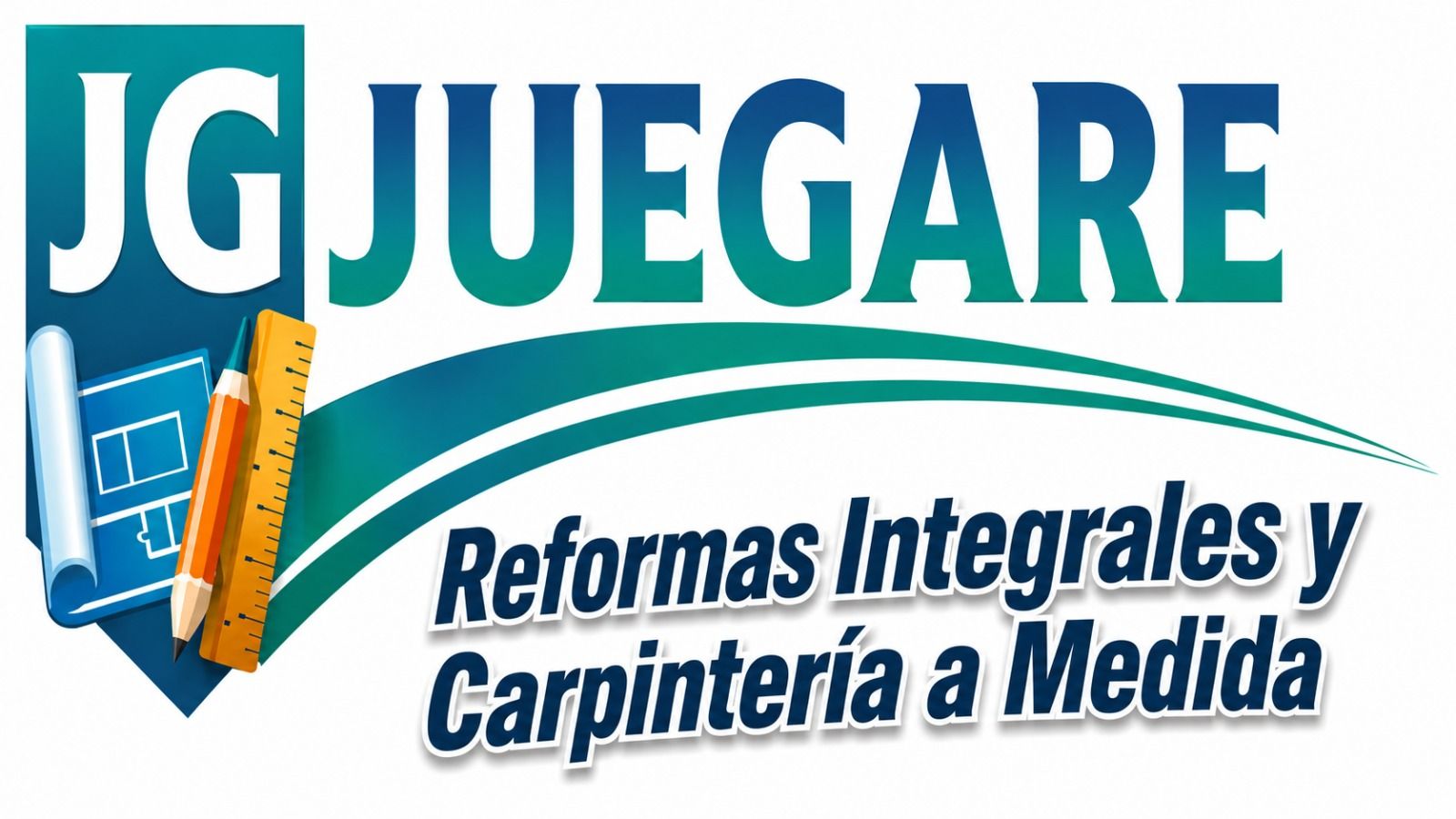 JG JUEGARE logo with blue house and ruler, reading &ldquo;Reformas Integrales y Carpinter&iacute;a a Medida&rdquo;