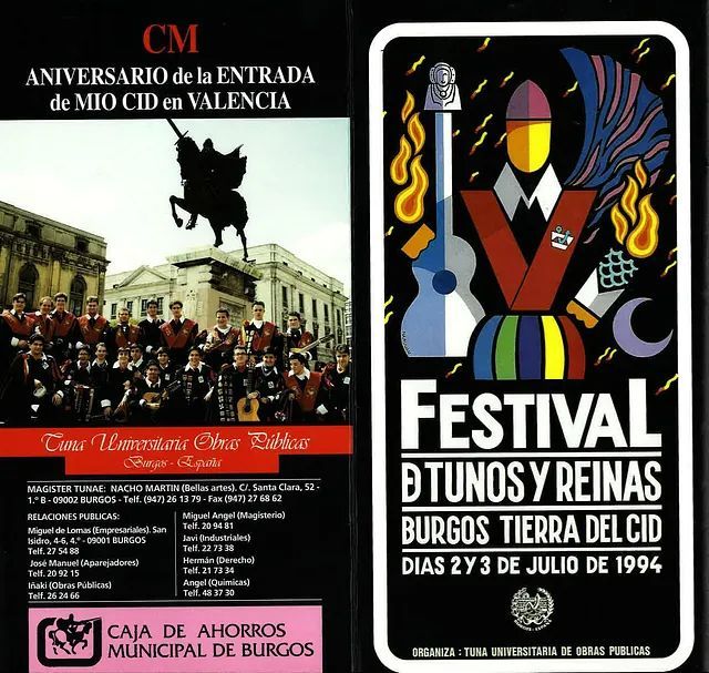 Folleto de un festival en Burgos, España, con tunas y reinas, julio de 1994. Incluye imágenes de una estatua y un grupo de músicos.