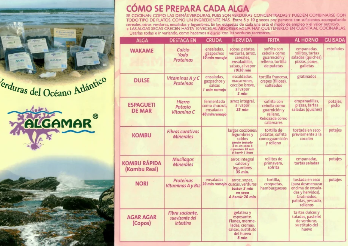 Una tabla en español que detalla cómo preparar diferentes tipos de algas. Incluye texto e ilustraciones.