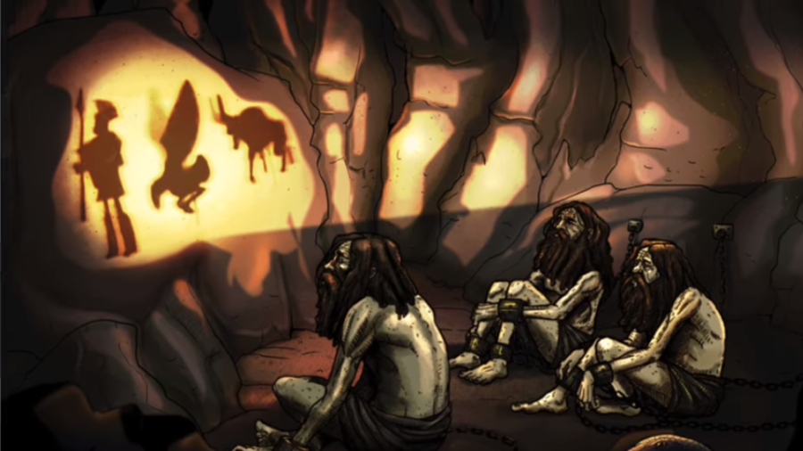 Habitantes de una cueva observando sombras de figuras y animales en la pared de una cueva.