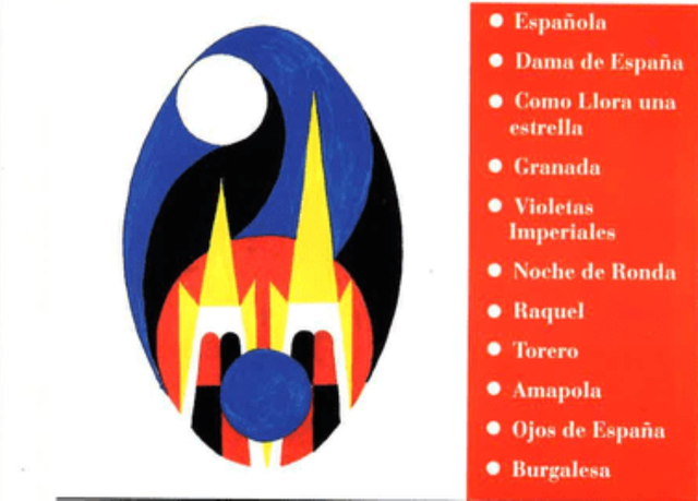 Un emblema de temática española con una catedral estilizada y una lista de canciones españolas en texto rojo.