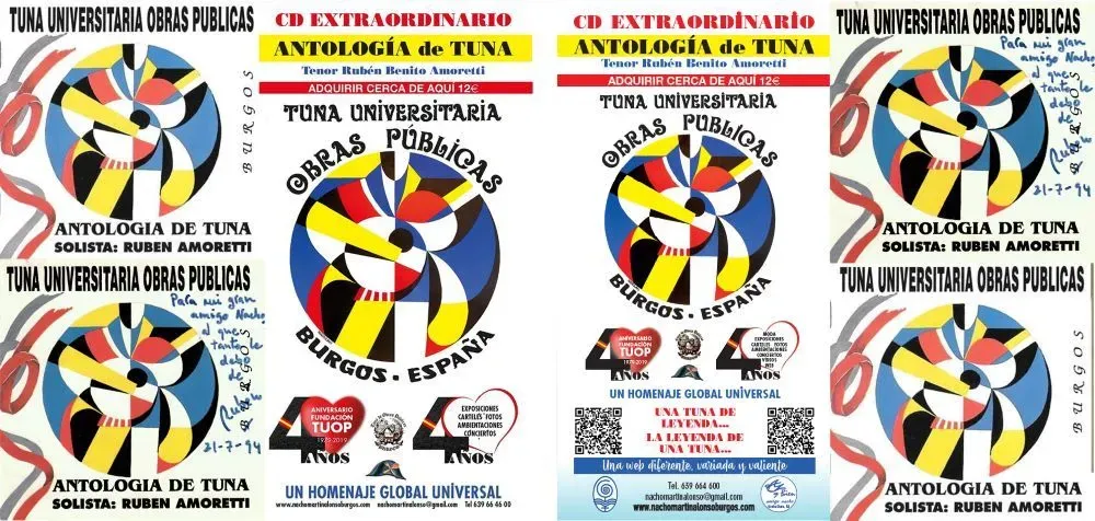 Cuatro carteles para una antología en CD de Tuna, Burgos, España, con arte abstracto colorido y texto en español.