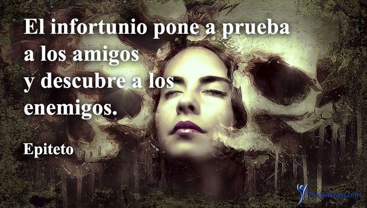 Cita: «La desgracia pone a prueba a los amigos y revela a los enemigos». Rostro de mujer con calaveras, fondo de bosque.