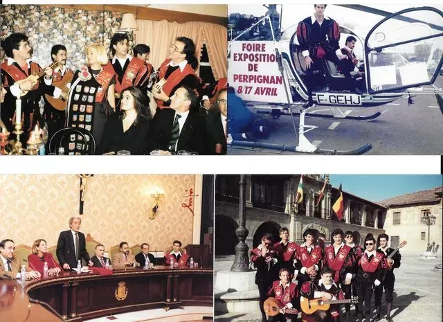 Cuatro fotografías antiguas: grupo con blazers rojos, helicóptero con cartel, grupo en la mesa, músicos con guitarras frente al edificio.