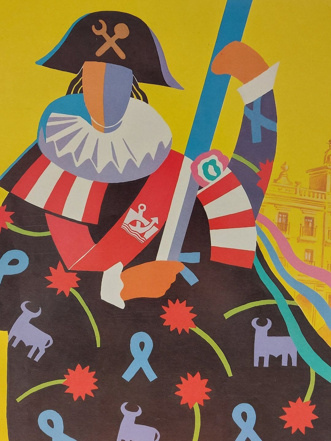 Ilustración colorida de una figura disfrazada que sostiene un poste azul; fondo amarillo, toro y motivos de cinta.
