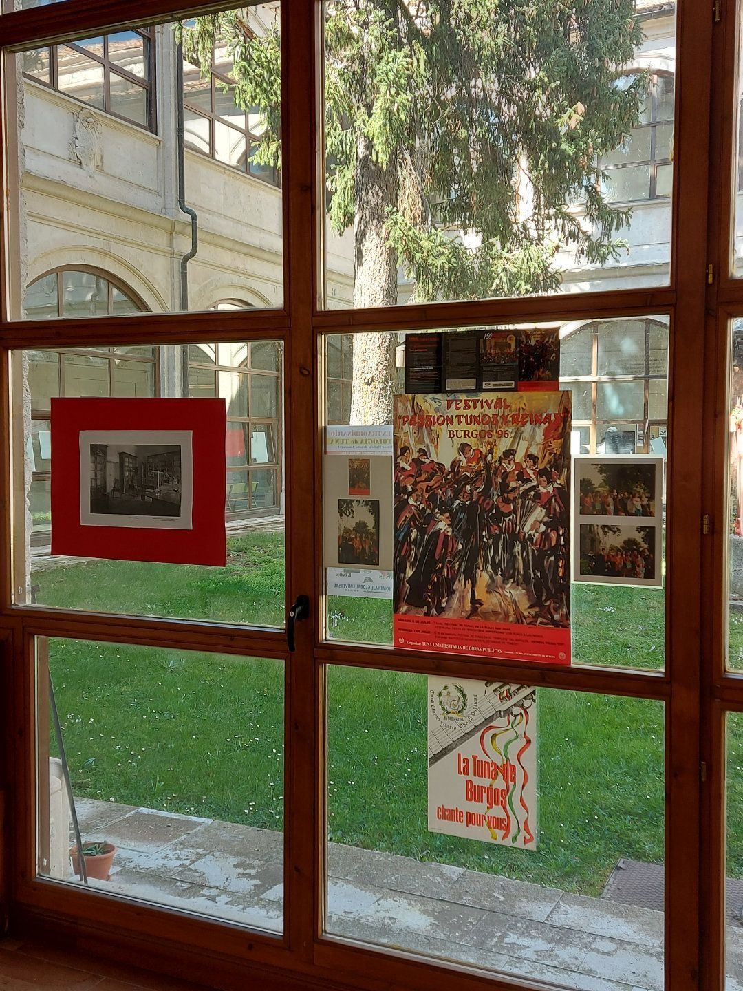 Marcos de ventanas de madera con carteles e imágenes; vista del césped verde y el edificio.