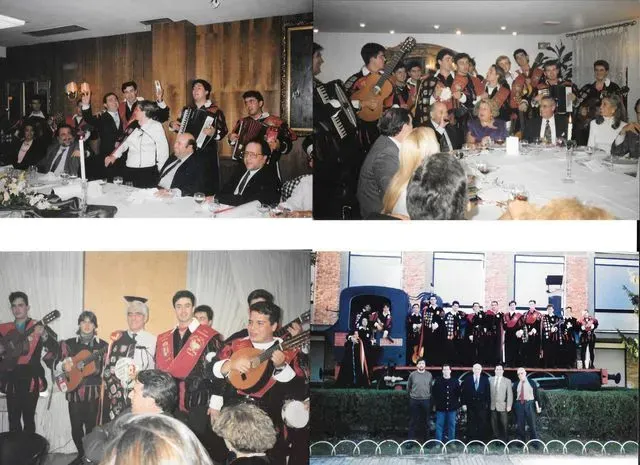 Cuatro fotos: músicos vestidos de gala actúan en eventos, dentro de un restaurante y al aire libre, mientras la gente los observa.
