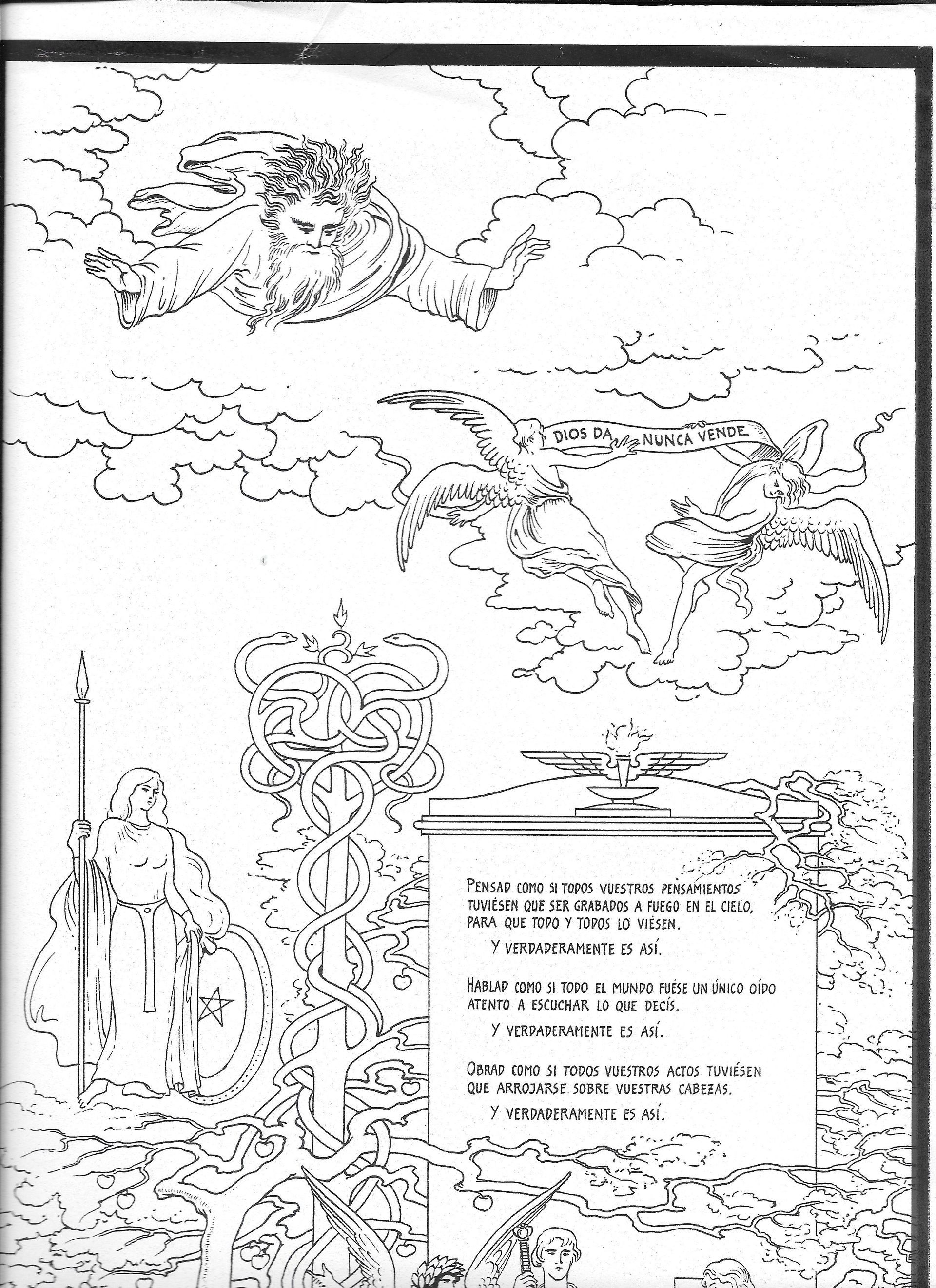 Ilustración con ángel, persona sosteniendo un bastón y texto dentro de un borde floral.