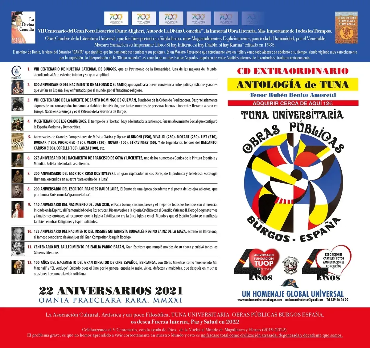 Póster que celebra el 22.º aniversario de una banda universitaria de tunas. Incluye la portada del CD y detalles del evento.