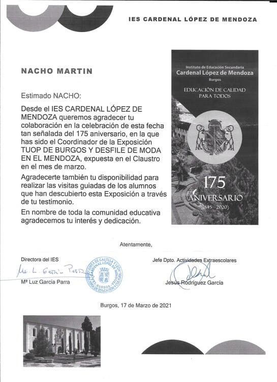 Carta del IES Cardenal López de Mendoza agradeciendo a Nacho Martín su colaboración en el acto del 175 aniversario.