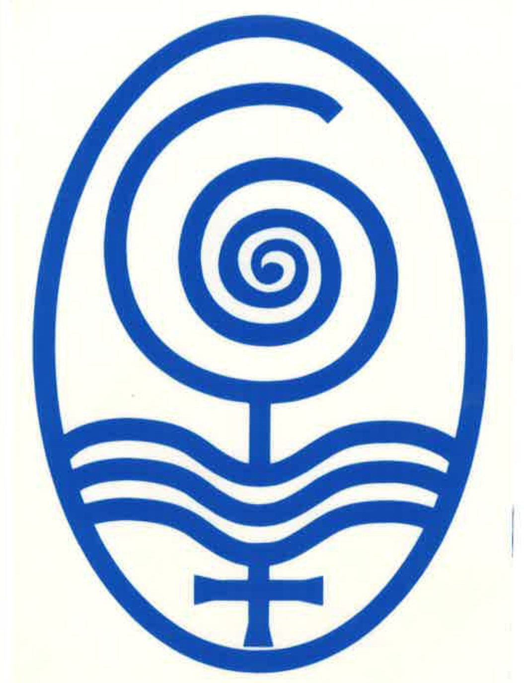 Símbolo de espiral y ondas azules dentro de un marco ovalado, con una cruz en la parte inferior.