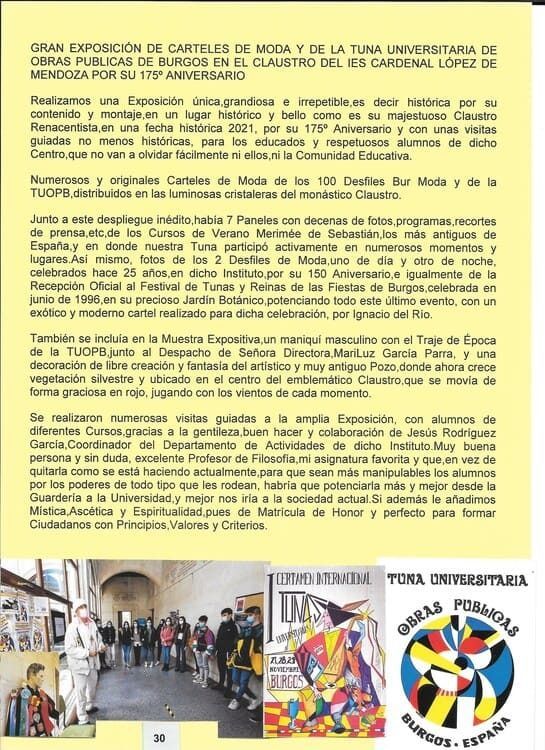 Texto de un anuncio de una exposición sobre la Tuna Universitaria de Burgos.