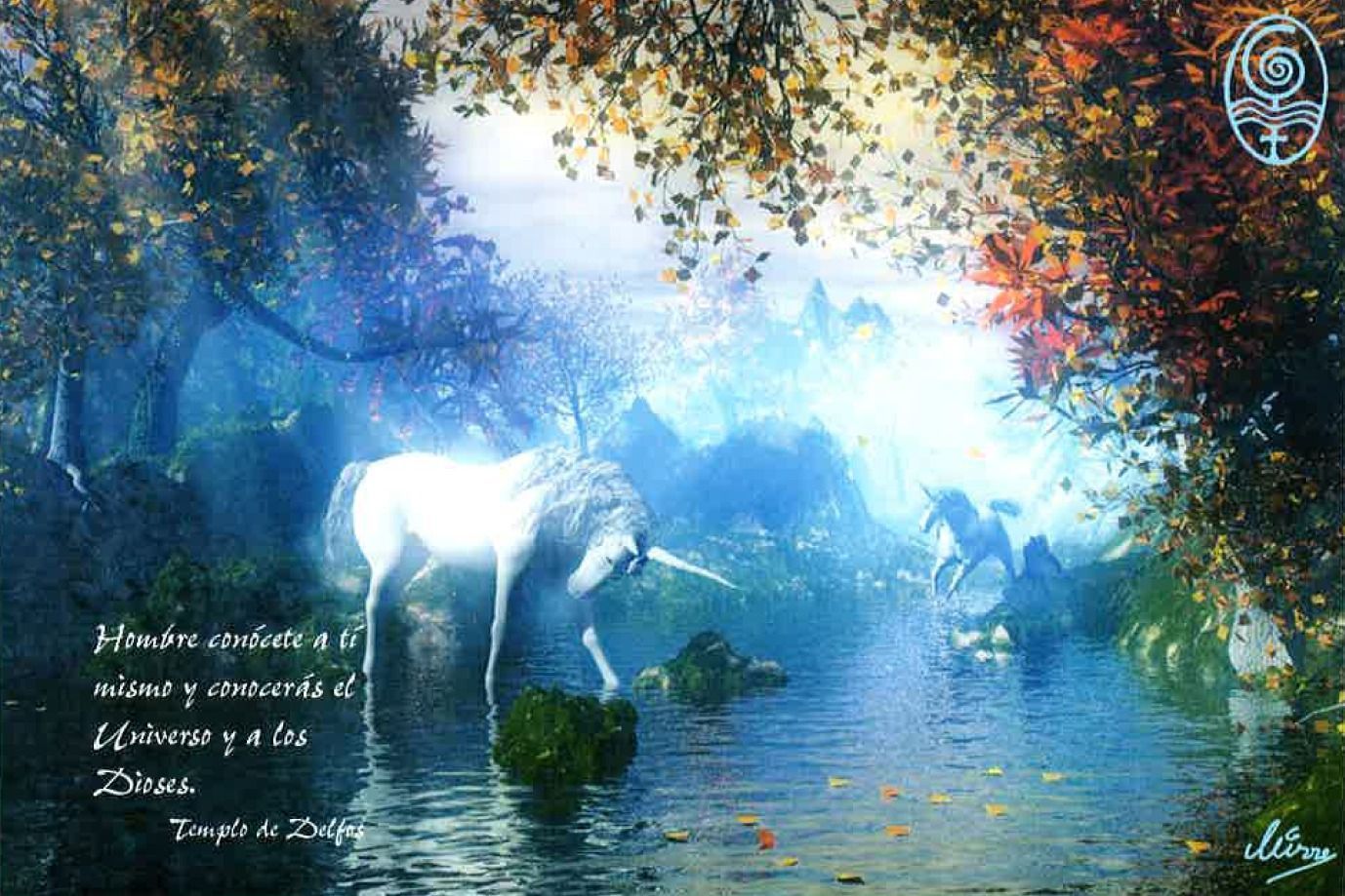 Un unicornio brillante se encuentra en un río azul tranquilo con otros dos, rodeado de árboles, en un bosque místico.