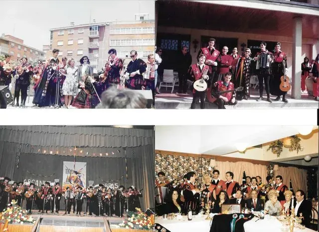 Cuatro fotografías de una banda con atuendos iguales actuando al aire libre, en el escenario y en eventos interiores.