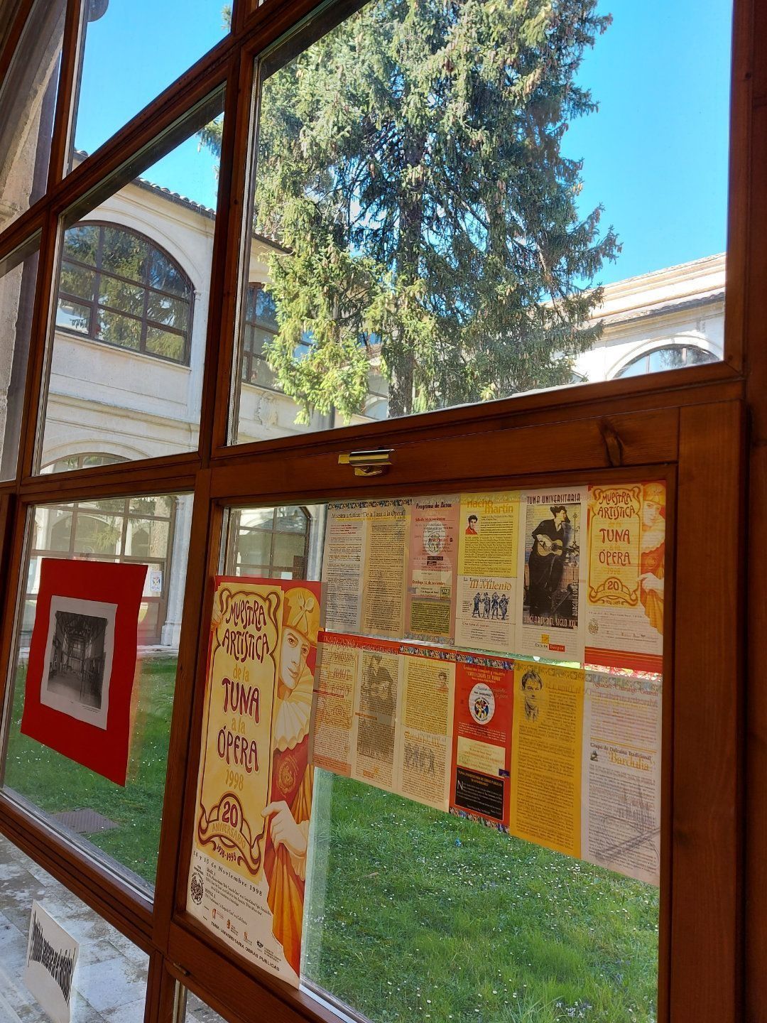Marcos de ventana de madera con carteles expuestos. Vista exterior de un patio con árboles visibles.