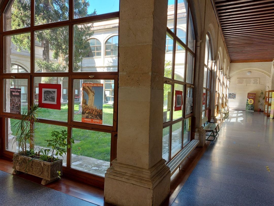Pasillo con grandes ventanales que dan a un patio, con obras de arte expuestas y techo de madera clara.