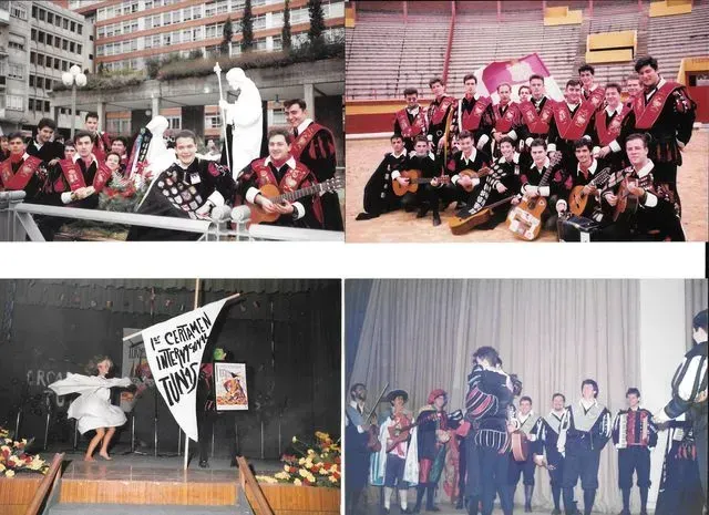 Cuatro fotografías de un grupo musical con uniformes negros y rojos, actuando al aire libre y en interiores.