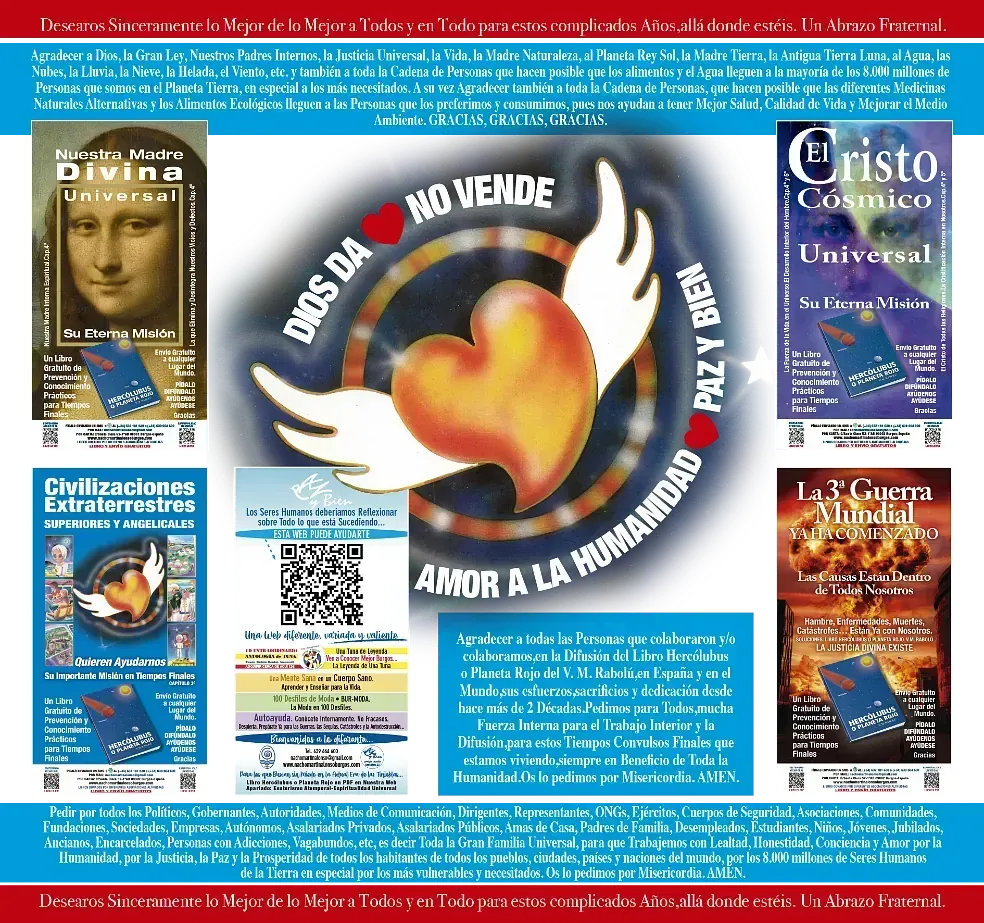 Anuncio con temas y texto religiosos. Imagen central: corazón con alas. Otras imágenes: portadas de libros.
