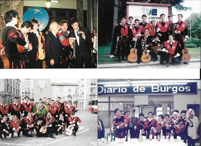 Cuatro fotografías grupales de músicos con trajes negros y rojos y guitarras, tomadas al aire libre y en un edificio.
