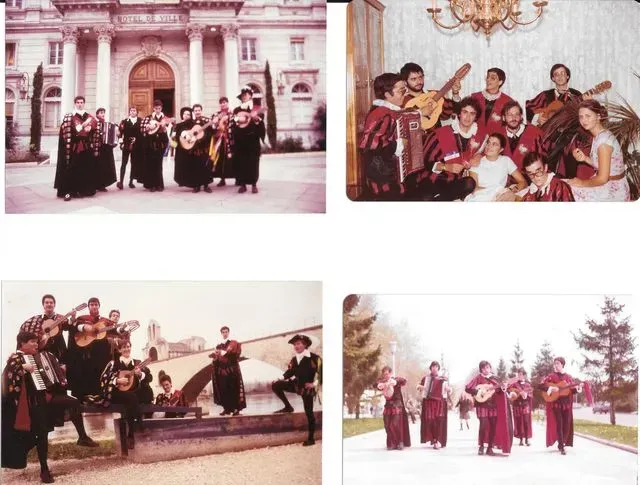 Cuatro fotografías de una banda de mariachis en varios entornos exteriores e interiores, vestidos con atuendos tradicionales.