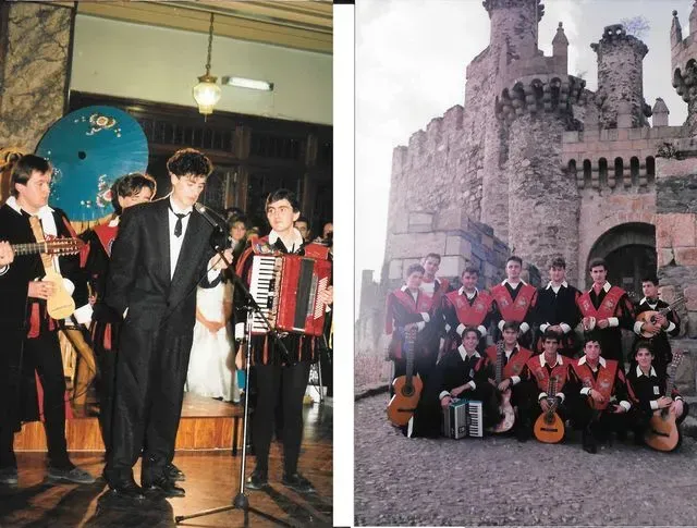 Dos fotos. Músicos con atuendos tradicionales tocando en un espacio interior y frente a un castillo.