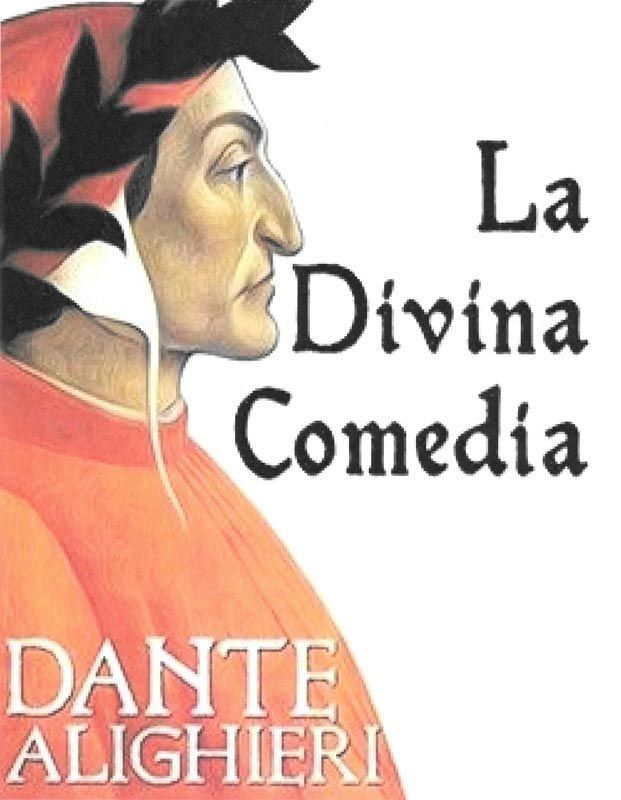 Ilustración de Dante Alighieri con túnica naranja con el título 