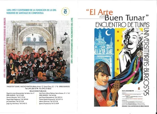 Dos folletos de conciertos: una foto de grupo con una catedral y una ilustración colorida con una mujer y un hombre, anunciando un festival de música.
