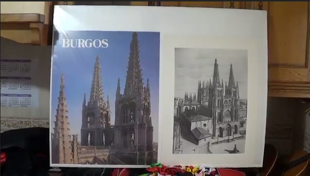 Cartel de la Catedral de Burgos: fotografía en color y dibujo en blanco y negro uno al lado del otro.