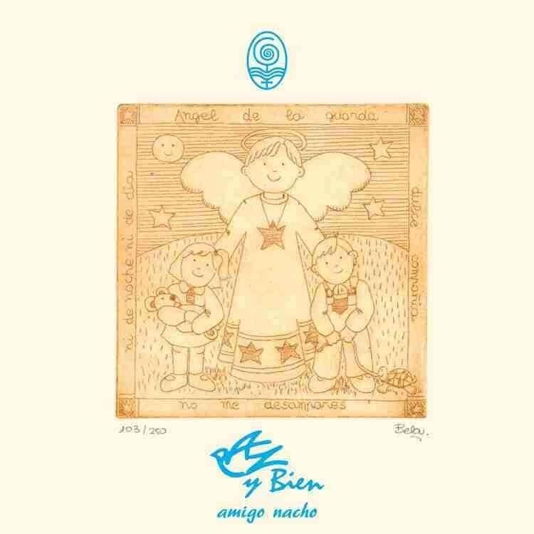 Obra religiosa con un ángel guardián y niños. Tonos beige y dorado.