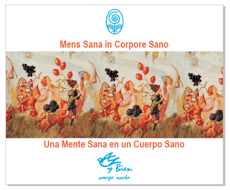 Tarjeta con frase en latín, arte de figuras sosteniendo uvas y la frase en español.