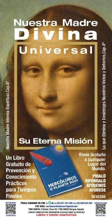 Volante: Pintura de Madonna con texto sobre la “Madre Divina Universal”, oferta de libro gratuito e información de contacto.