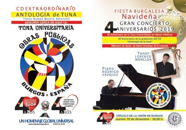 Carteles para un concierto de Navidad en Burgos, España, que incluye el lanzamiento de un CD antológico de la Tuna Universitaria y una actuación con un pianista.
