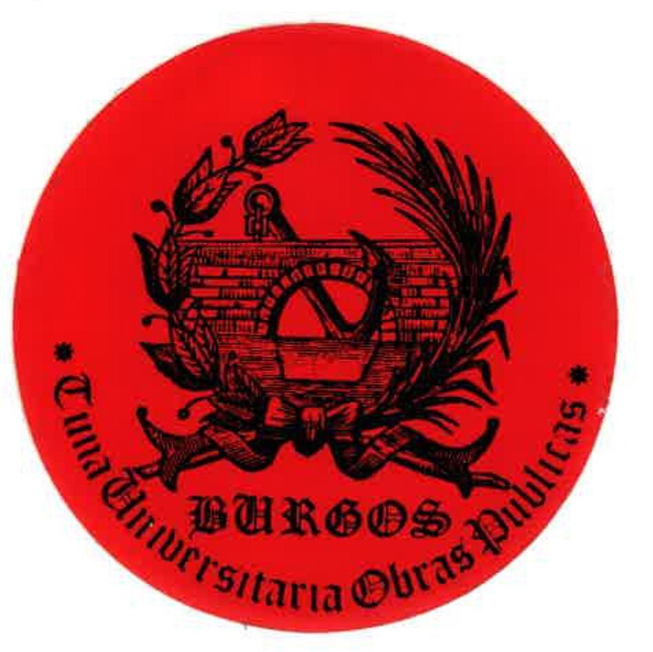 Insignia circular roja con texto e ilustración en negro: 