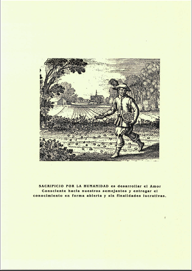 Hombre sembrando semillas en un campo. Se ve un edificio a lo lejos. Texto en español abajo.